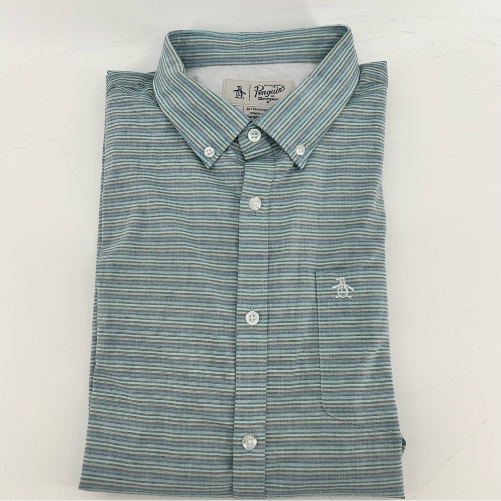 Penguin Munsingwear Shirt Mens XL Blue Stripe Button Down Quiet Luxury Coastal - Picture 9 of 9